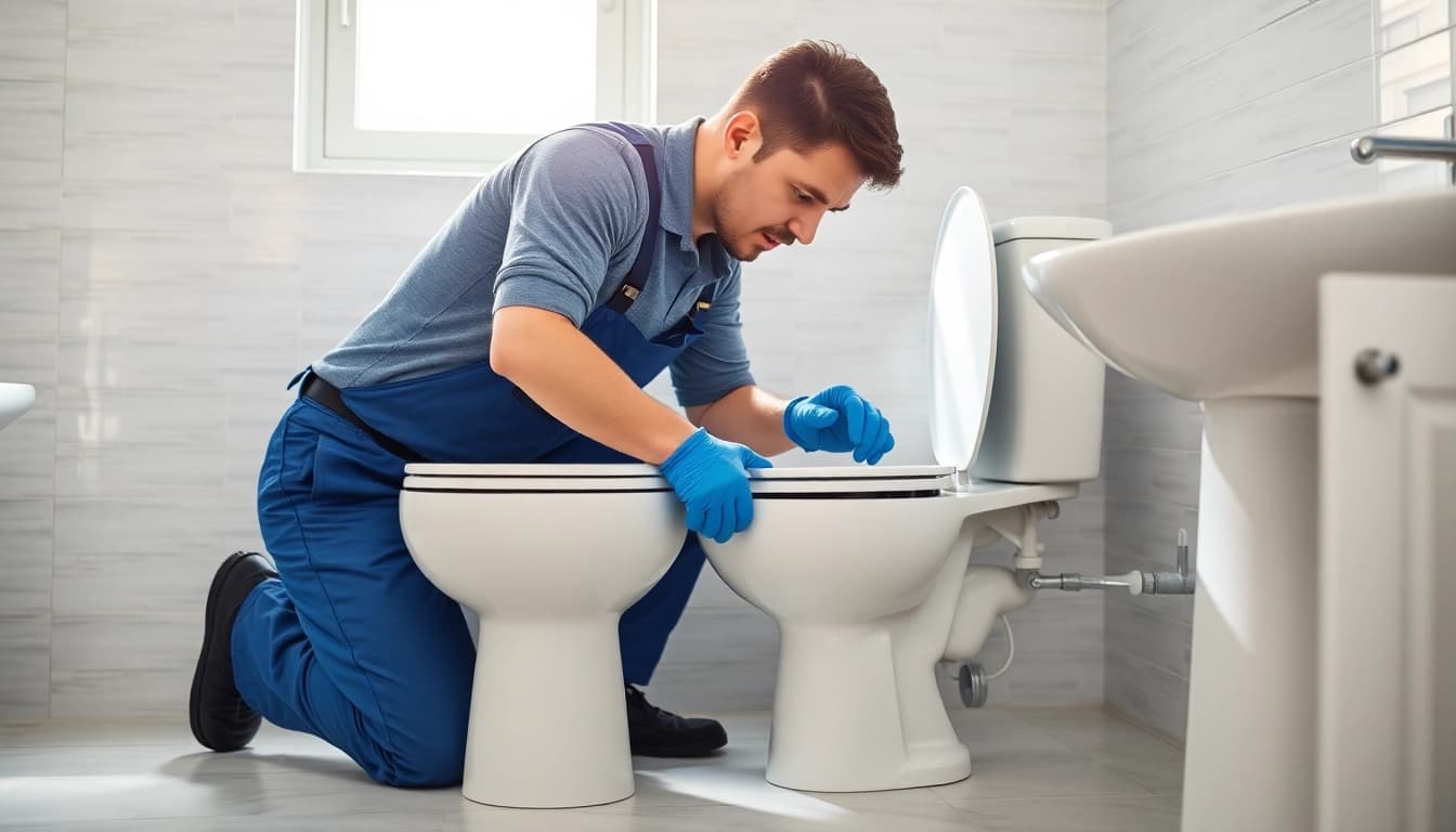 Detailed view of toilet repair by a professional plumber in a modern bathroom.