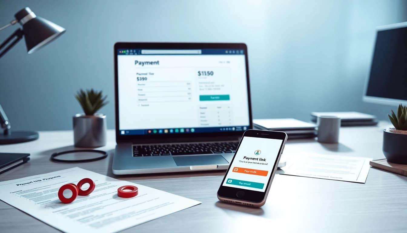 Create a pay link for a file seamlessly with a modern workspace setting highlighting payment links.