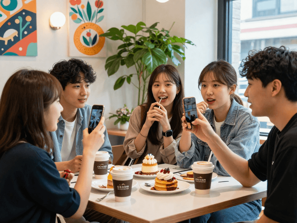 강남 달토의 현대적인 카페에서 대화를 나누는 젊은 친구들