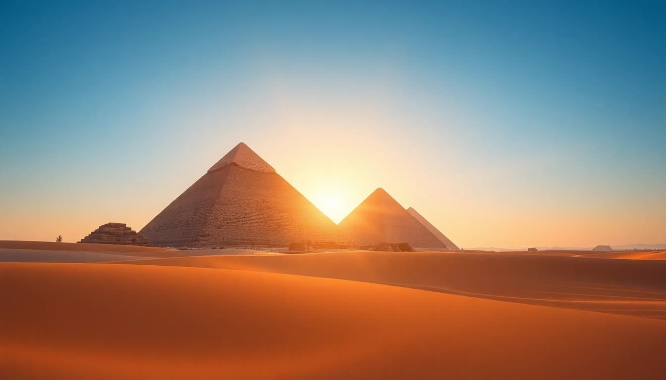 Captivating view of the piraminds of Giza highlighted by dramatic lighting and desert sands.