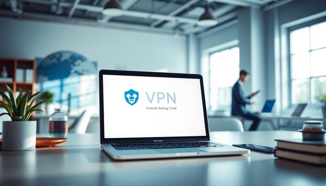 在现代工作空间中展示的快连VPN界面，突出数字安全与全球连接。