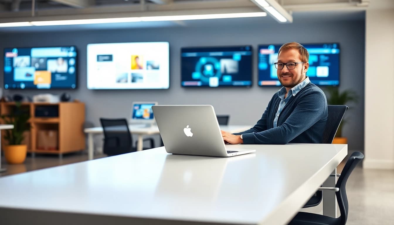 Marcel Hüsig bei der Arbeit in einer Webdesign-Agentur mit modernen Designs im Hintergrund.