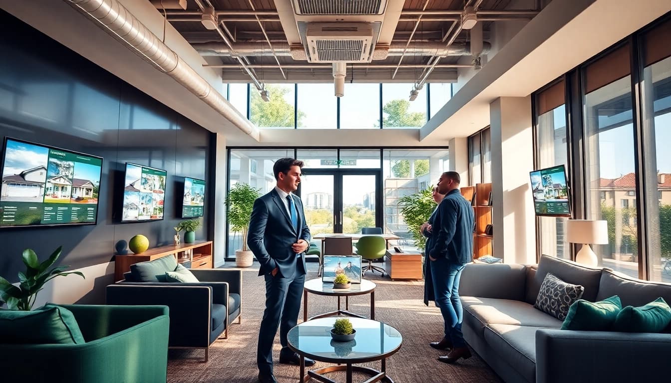 Real Estate agent consulting clients in a modern office environment with digital property displays.