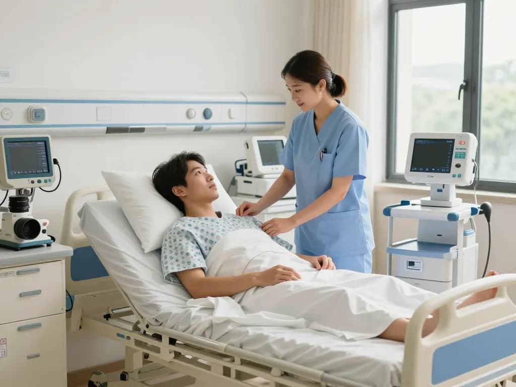 Patient using giường bệnh nhân in a bright hospital room with nurse providing care.