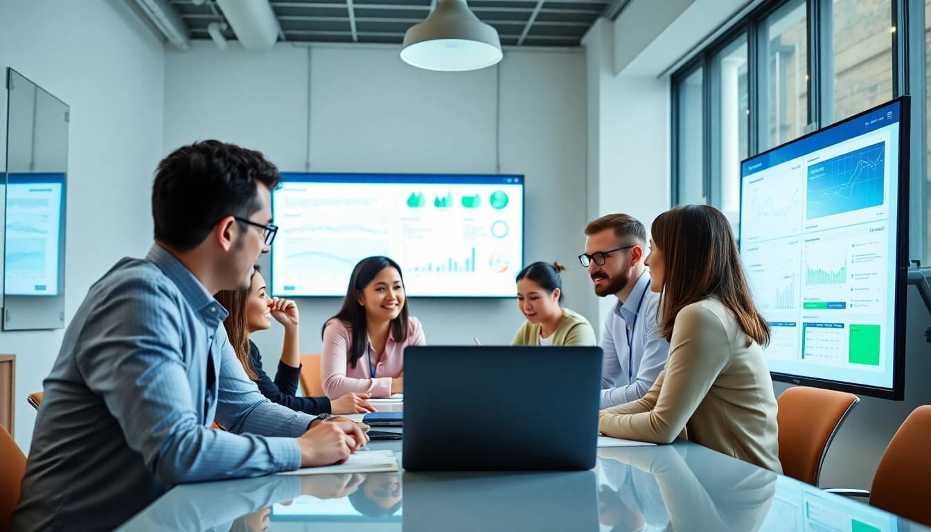 AI assistant for enterprise teams enhancing collaboration among diverse professionals in an office setting.