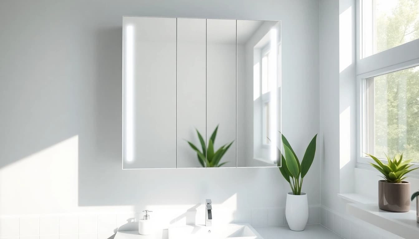 Install a sleek mirrored bathroom cabinet with light to enhance your bathroom's ambiance.