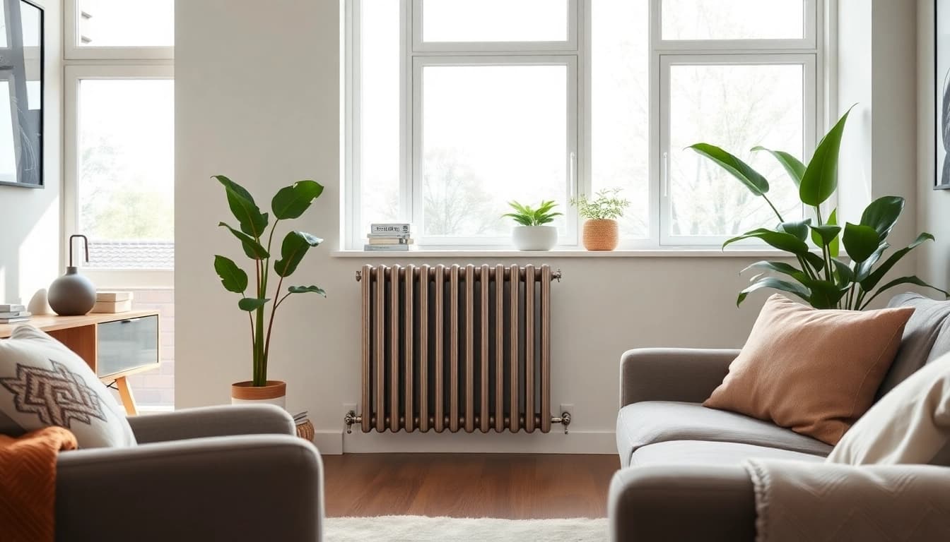 Heizkörper in einem stilvollen Wohnzimmer, das Eleganz und Funktionalität zeigt.