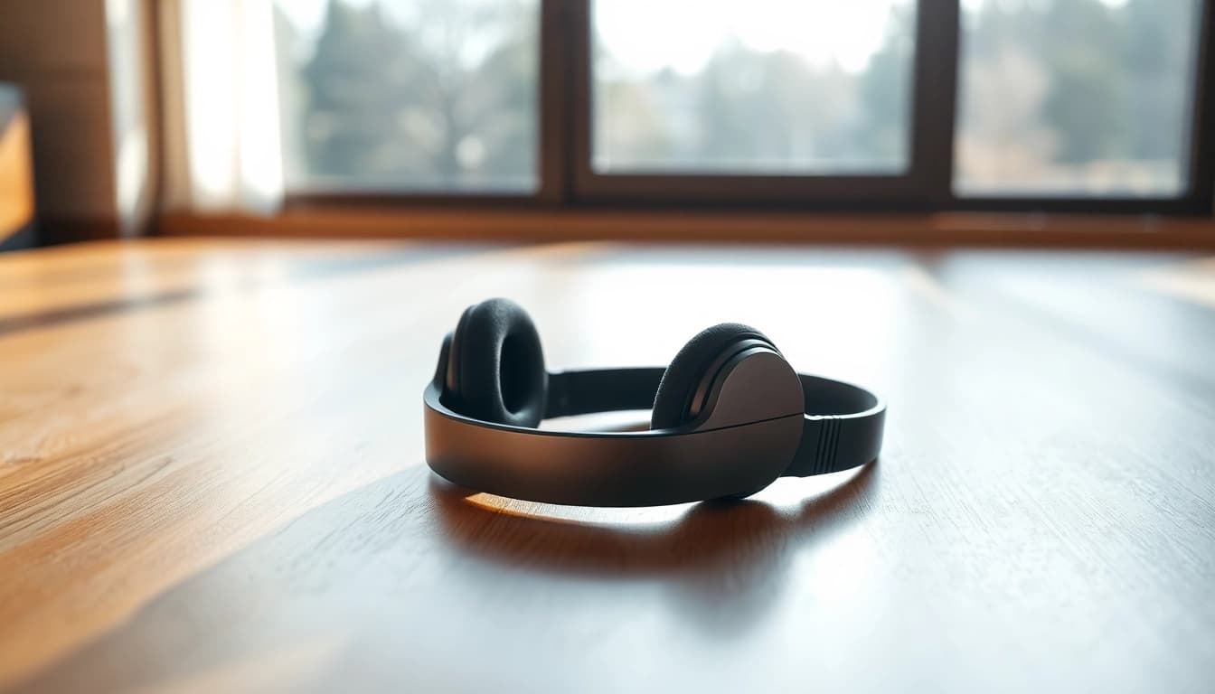 Showcase of Bone X1 Bone Conduction Headphones highlighting unique design on a wooden surface.
