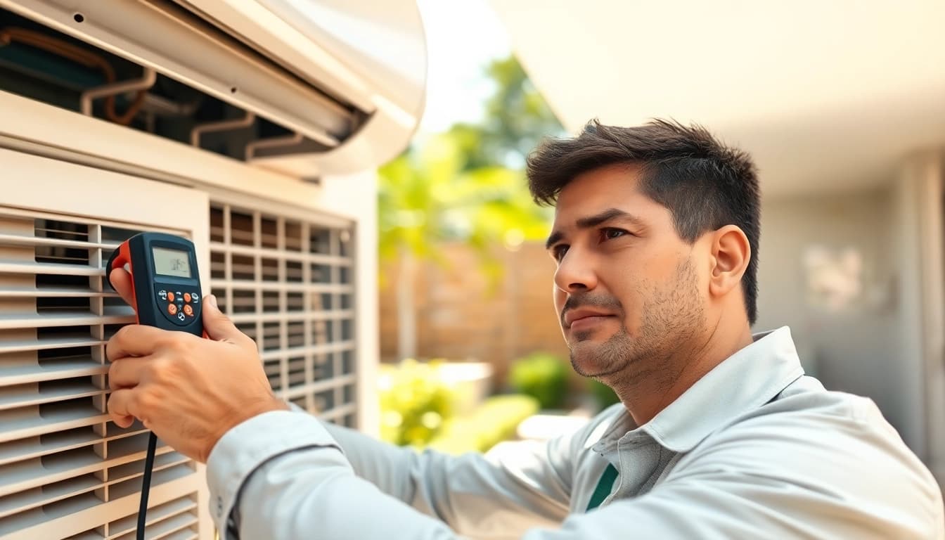 Technician providing hvac services minneapolis in a residential setting, ensuring quality air conditioning maintenance.