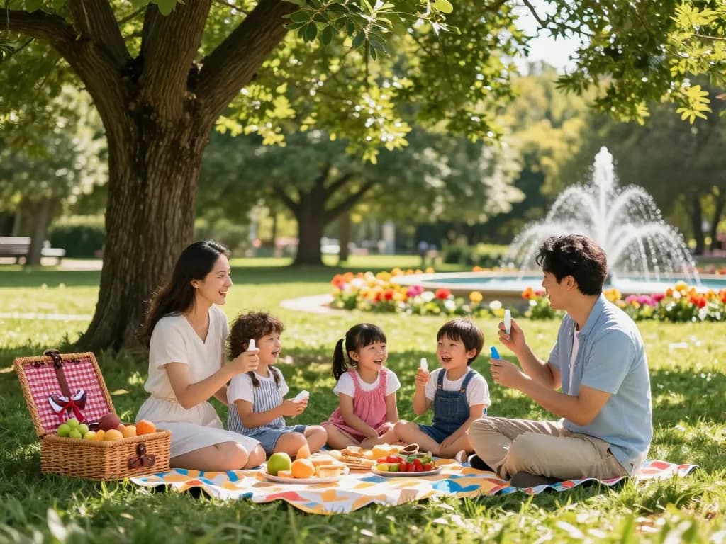 Family applying mosquito repellent while enjoying a picnic in the park