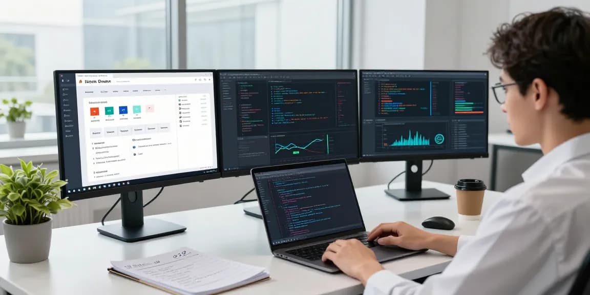AI detector analysis workspace with data scientist reviewing algorithms in a bright lab setting.