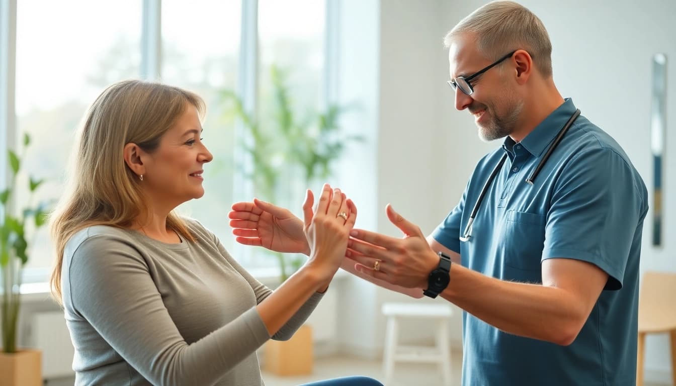 Engaged patient receiving griesbach physiotherapy in a modern clinic setting.