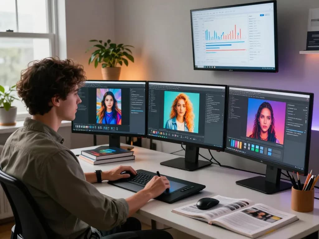 AI image to prompt ai process in a modern studio with vibrant visuals and tech.