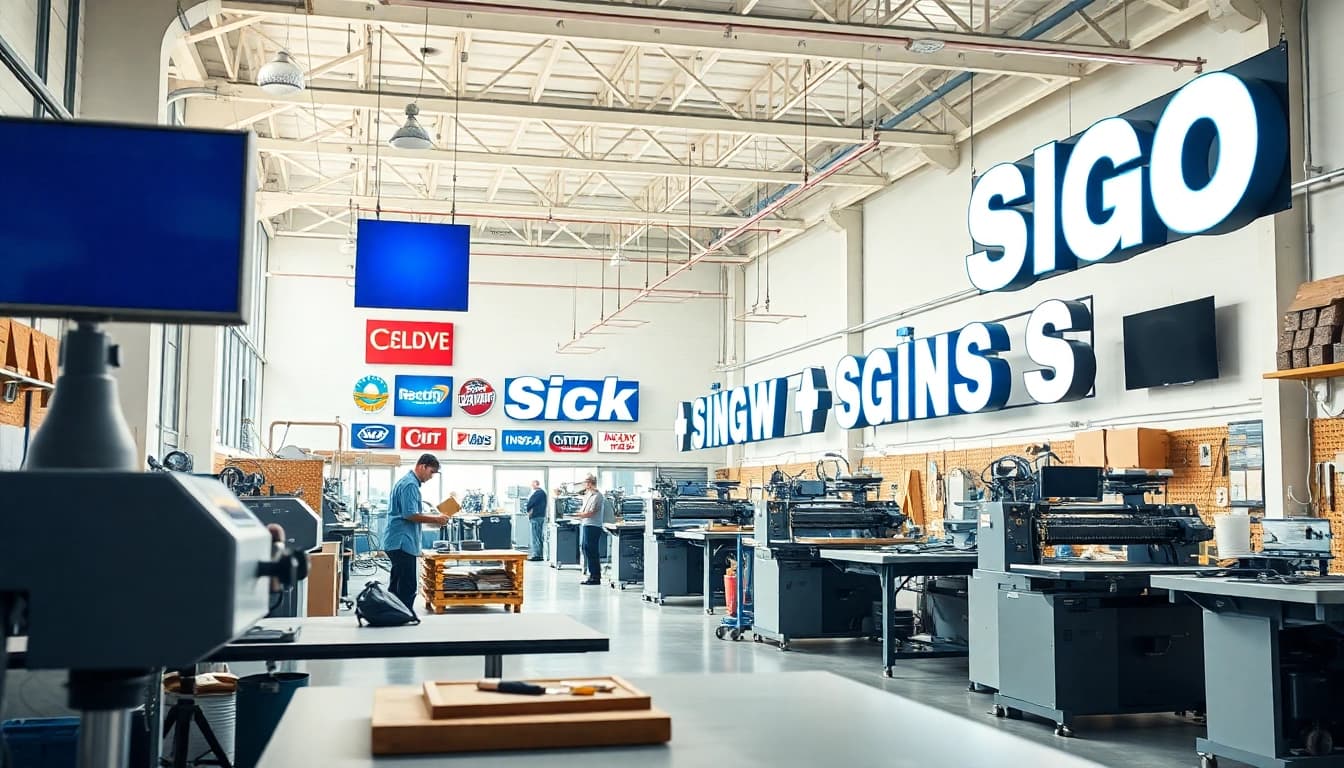Crafting high-quality signs in a vibrant sign manufacturing workshop with skilled artisans.