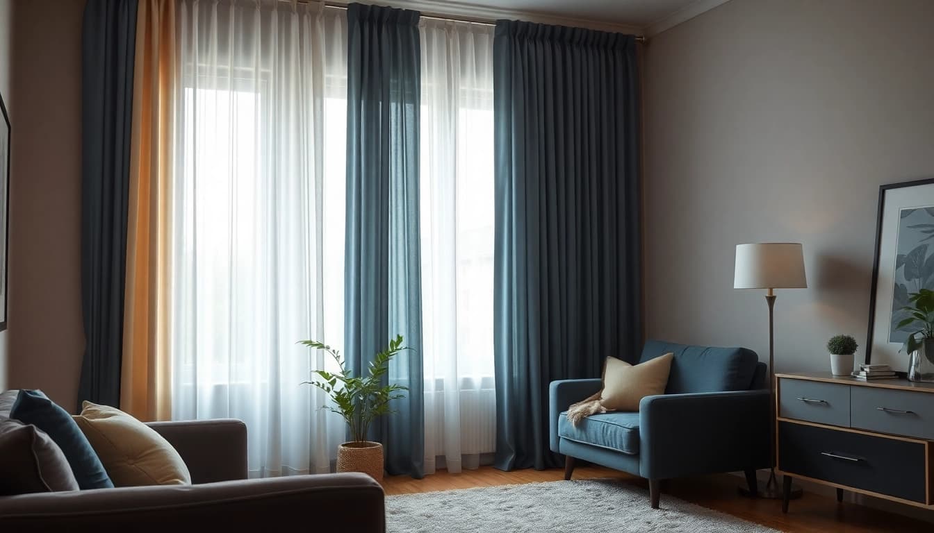 Verduisterende gordijnen in een stijlvolle woonkamer bieden optimale bescherming tegen licht.