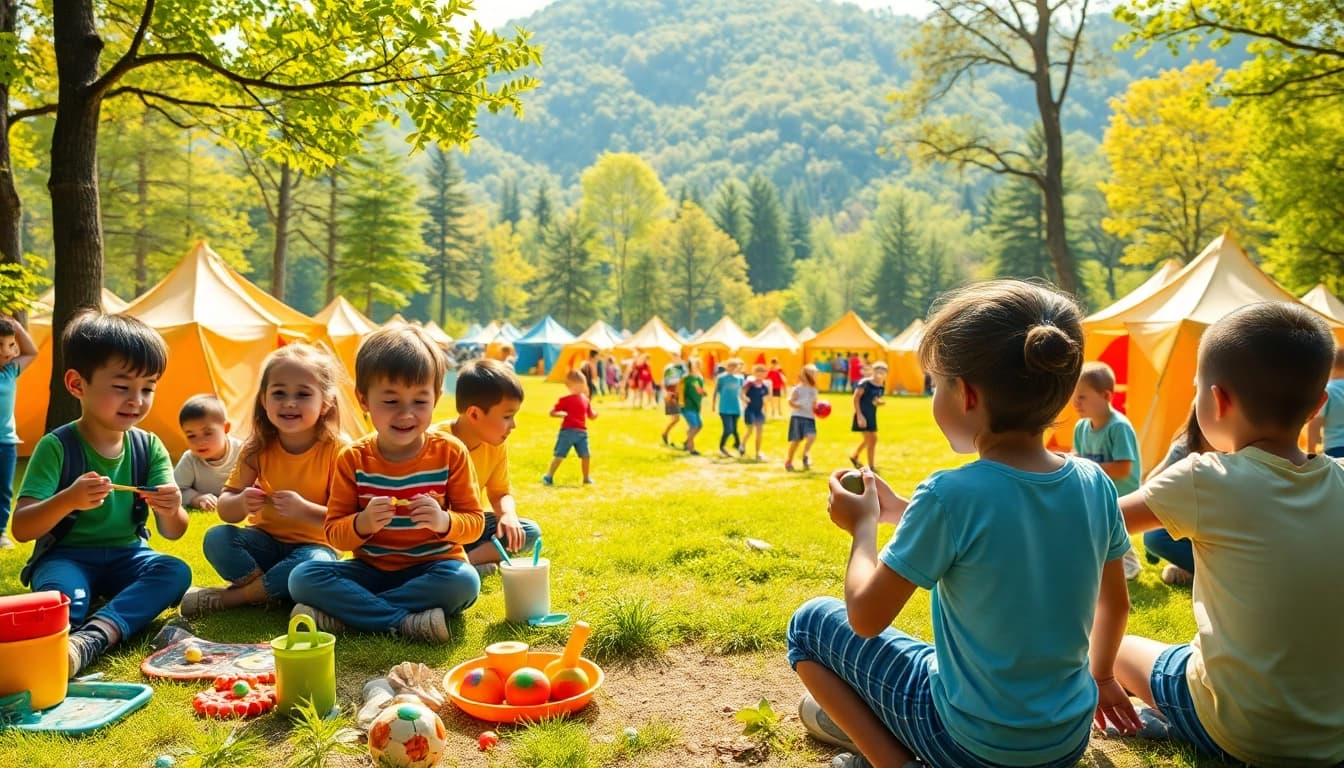 Children participating in various activities at a lively Holiday camps setting.