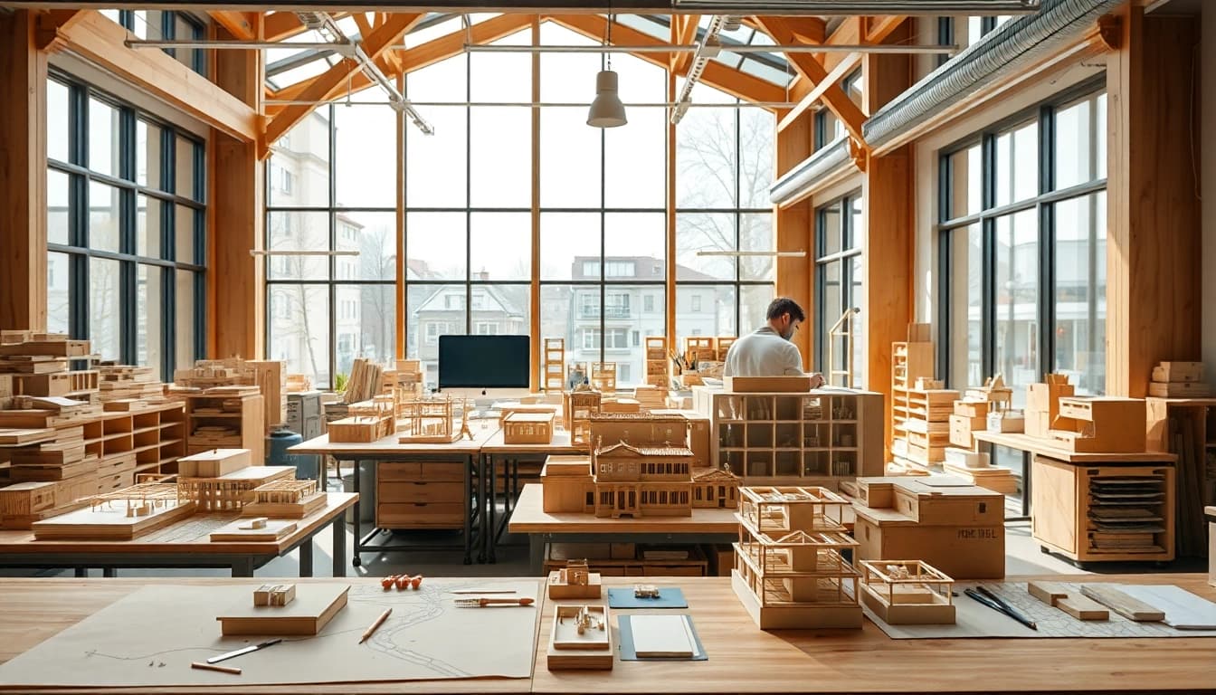 Architekturmodellbau Freiburg zeigt kreative Miniaturdesigns in einem lebhaften Studio.