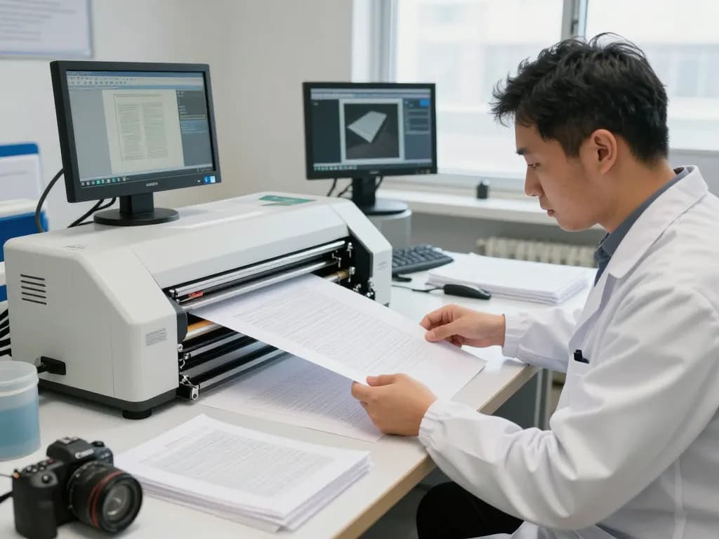 Kỹ thuật viên chuyên nghiệp bóc giấy ép plastic tại một phòng lab phục hồi chuyên nghiệp, trình diễn các kỹ thuật tiên tiến.