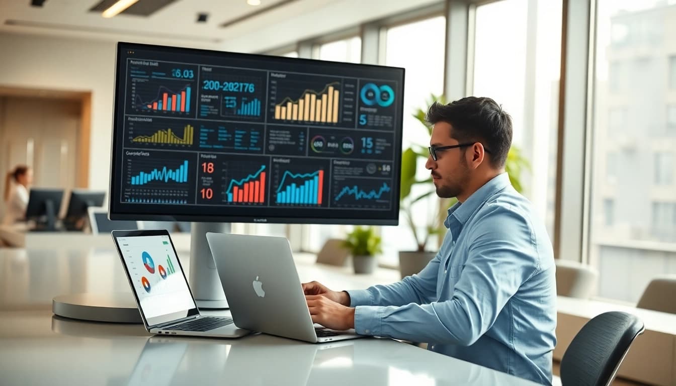 Visualize AI for competitor analysis strategies with an analyst in a modern office.