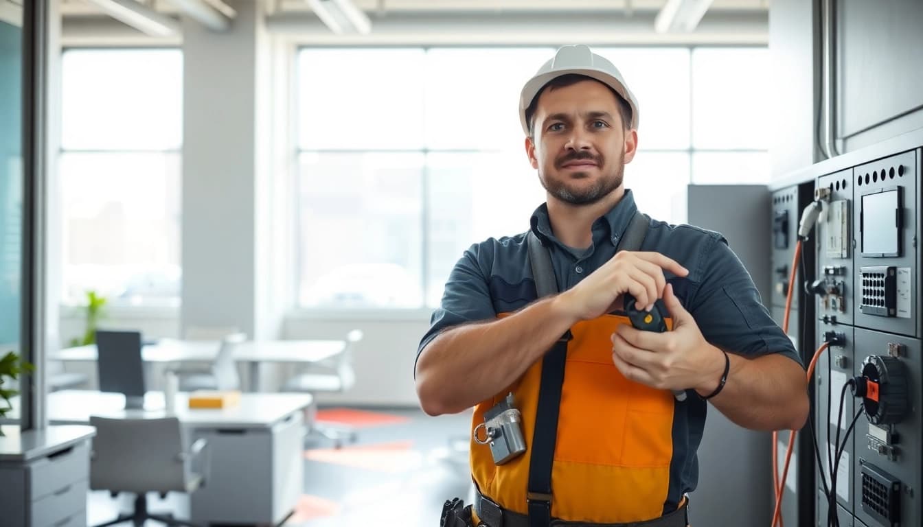 Technician performs commercial electrical maintenance ensuring efficient operations in a modern office.