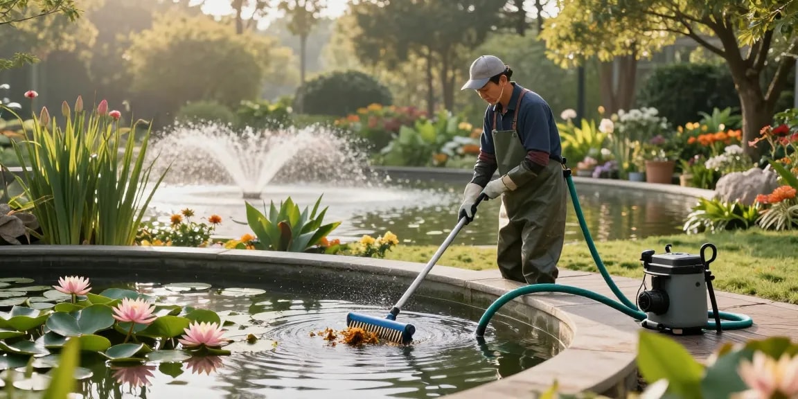 Pond Clean London service professional removing debris from a garden pond in serene outdoor setting.