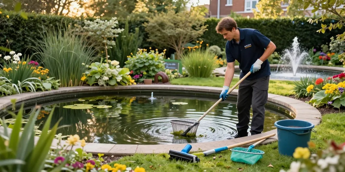 Pond Clean London - Professional cleaning of a serene garden pond, showcasing maintenance tools and a tranquil environment.