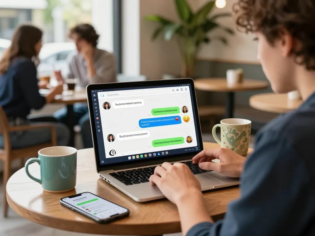 Engaging adult chat scene showcasing a laptop with ia +18 chat interface in a lively cafe atmosphere.