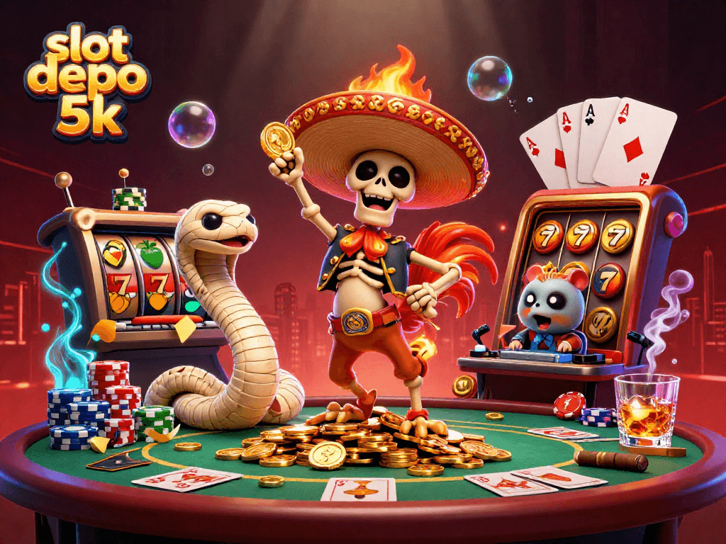 Experience the excitement of slot depo 5k in this vibrant casino scene with unique characters.
