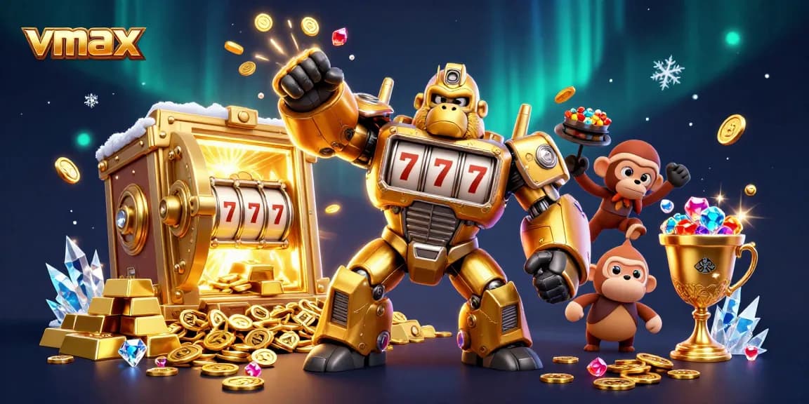 Experience thrilling vmax gaming with our 3D golden gorilla mech bursting with coins and treasures!