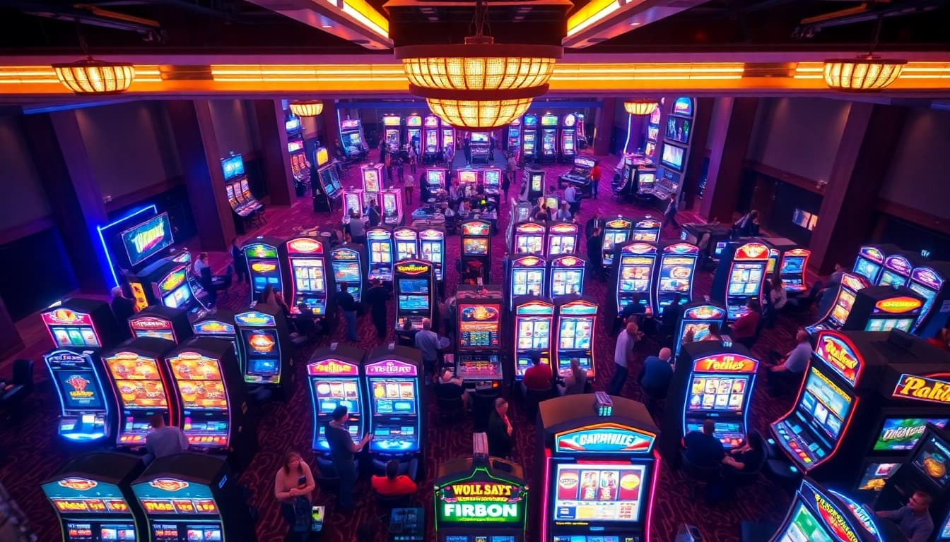 Aksi para pemain dalam menikmati aplikasi slot dengan mesin slot berwarna cerah.