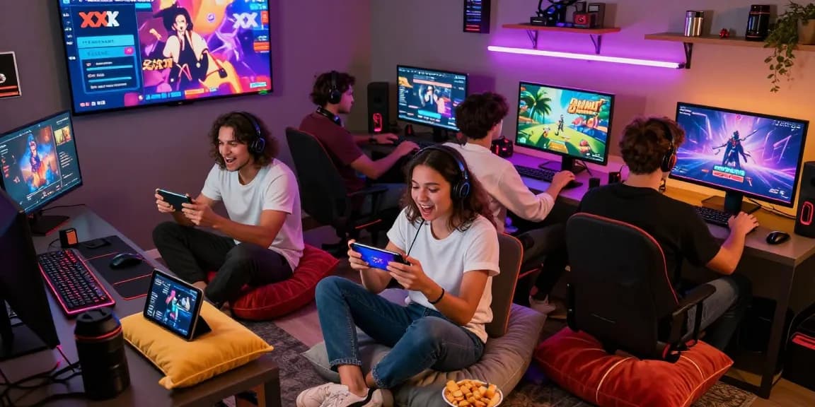 Engaged players enjoying diverse xxx games in a vibrant gaming room.