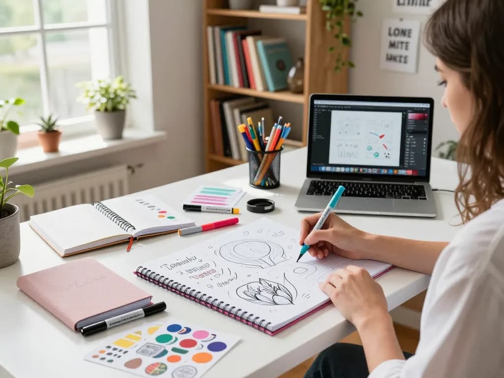 Custom notebooks designs being created at a vibrant home office desk with colorful art supplies