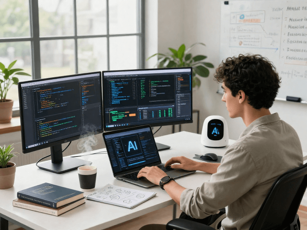 Crush on AI: Developer working on innovative AI solutions in a sleek tech workspace with monitors and strategic notes.