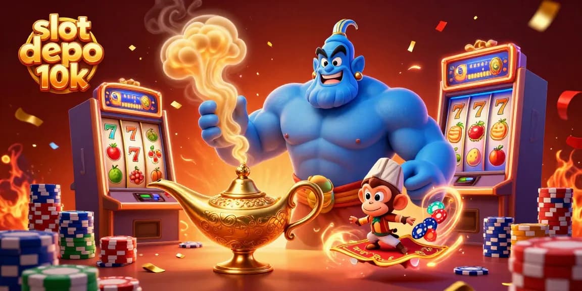 Experience thrilling gameplay with slot depo 10k, featuring a magical genie scene filled with vibrant poker elements.