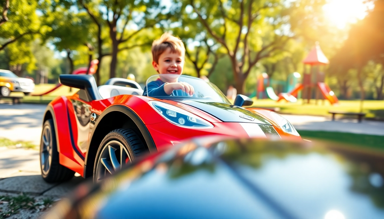 Child enjoying a ride on car in a sunny park setting with vibrant colors.