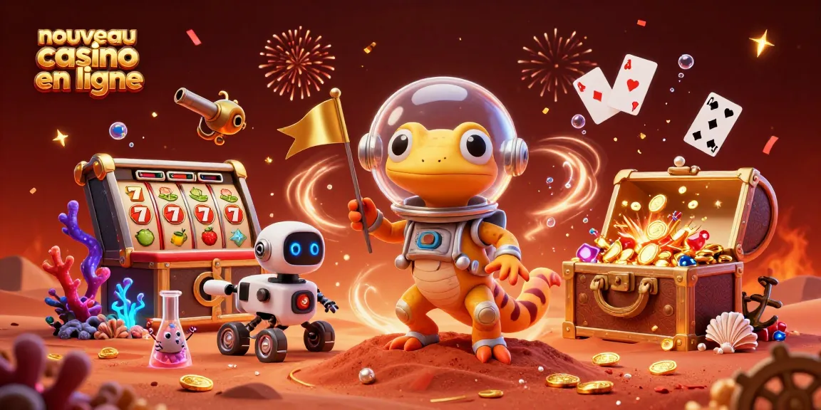 Illustration d'un gecko martien découvrant un nouveau casino en ligne avec des symboles de jackpot.