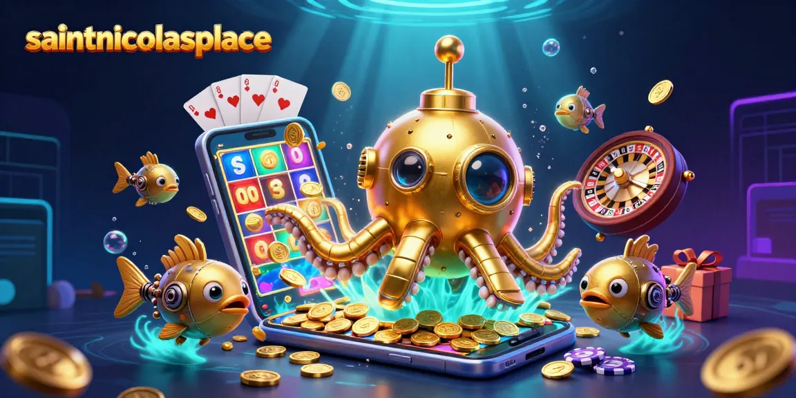 Play casino games at saintnicolasplace with a golden kraken submarine among slot reels and coins.
