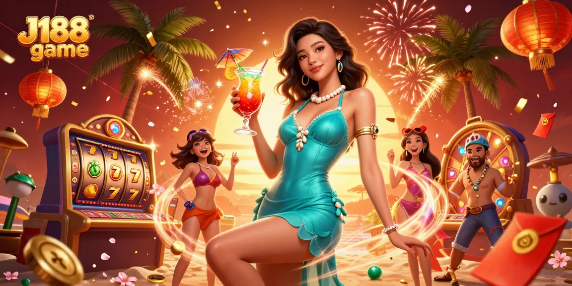 Experience the excitement of J188 game with dynamic slot reels and vibrant casino elements in a tropical setting.