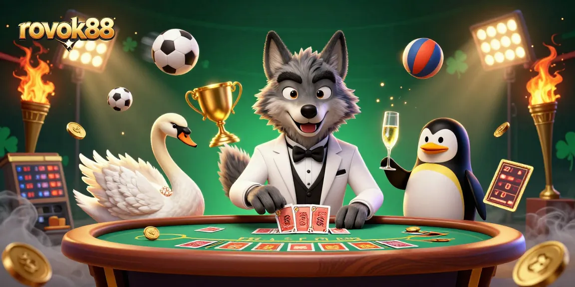 Experience the exhilaration of gaming with rokok88's unique visuals featuring a stylish wolf and swan character.