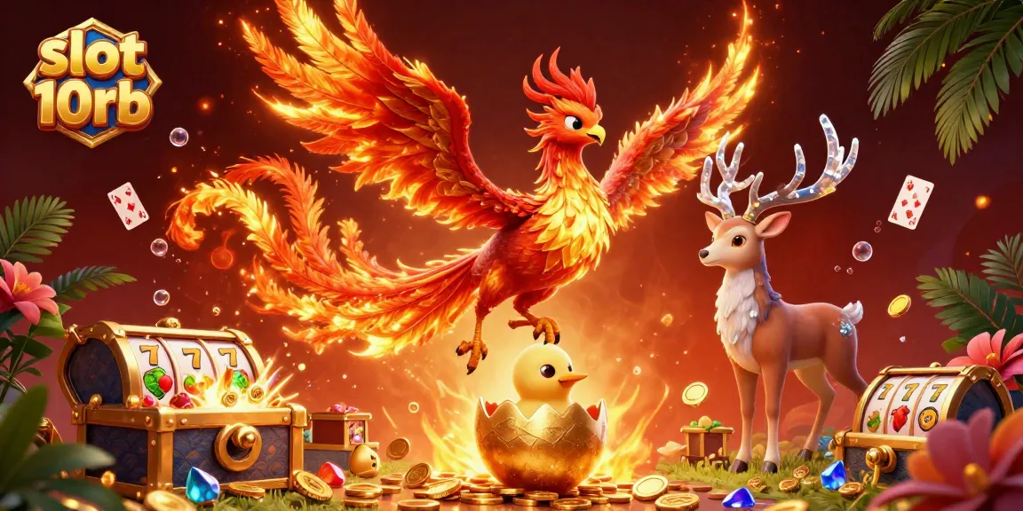 Experience slot 10rb excitement as a phoenix soars above vibrant reels and treasures in this captivating illustration.