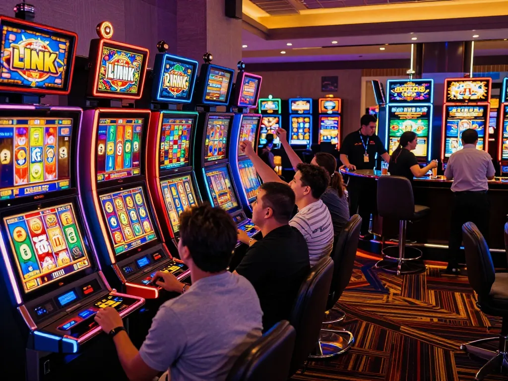 Players celebrating big wins at link slot machines in a vibrant casino atmosphere.