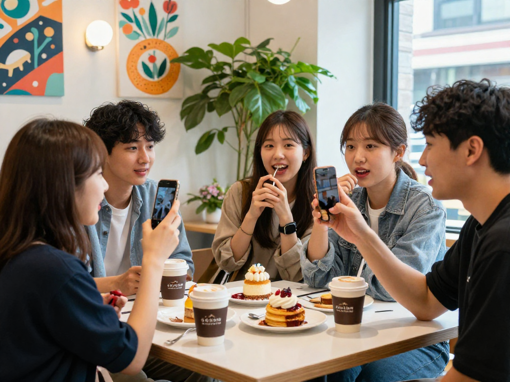 강남 달토의 현대적인 카페에서 대화를 나누는 젊은 친구들