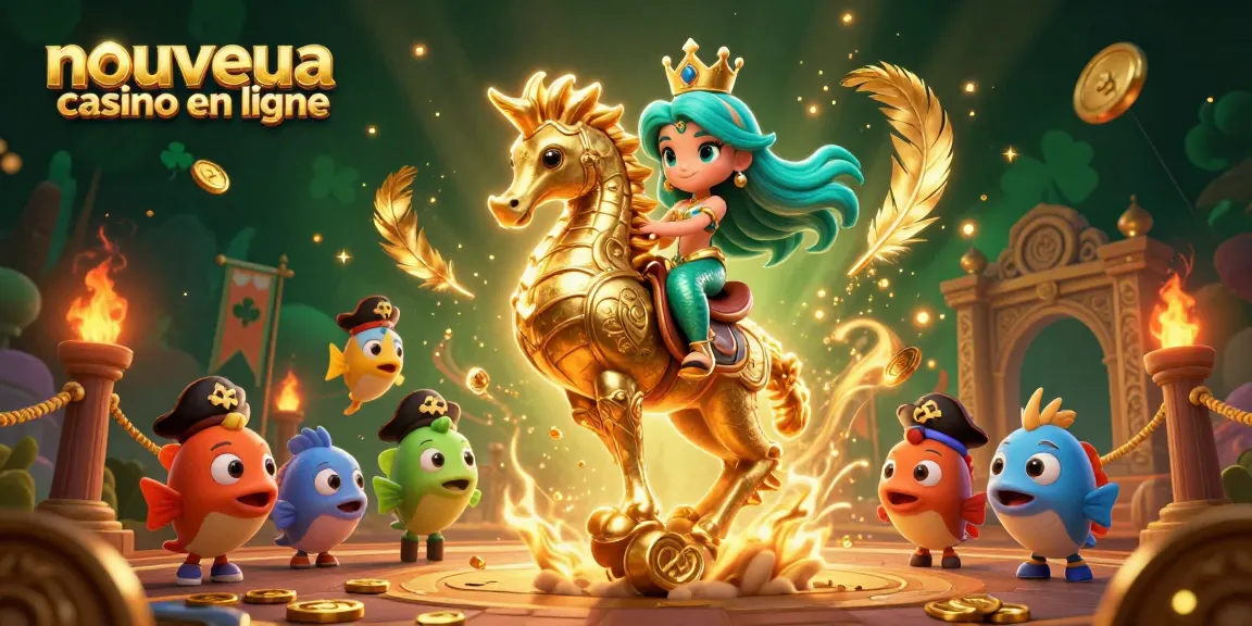 Plongez dans l'univers d'un nouveau casino en ligne avec notre illustration captivante de la princesse sirène et son hippocampe en armure.