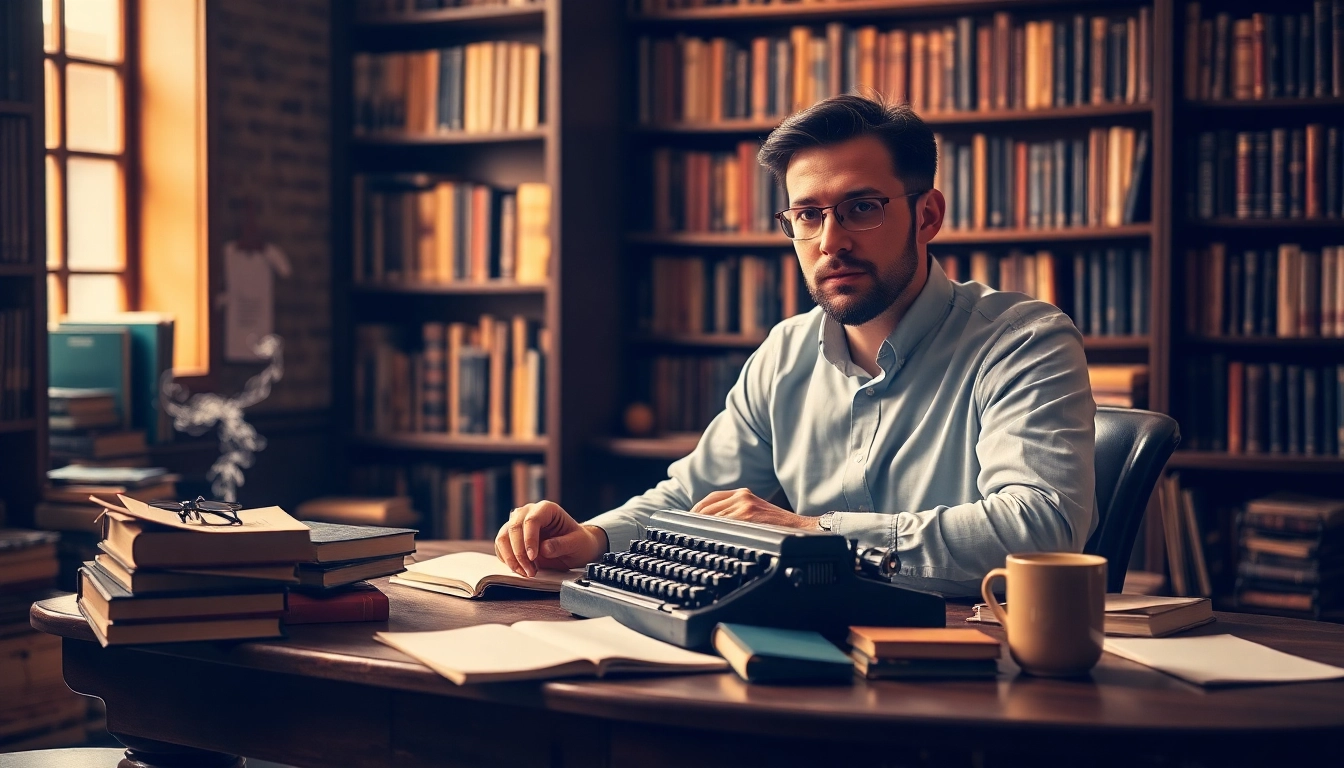 Author focused on writing at a vintage desk with books and a typewriter.