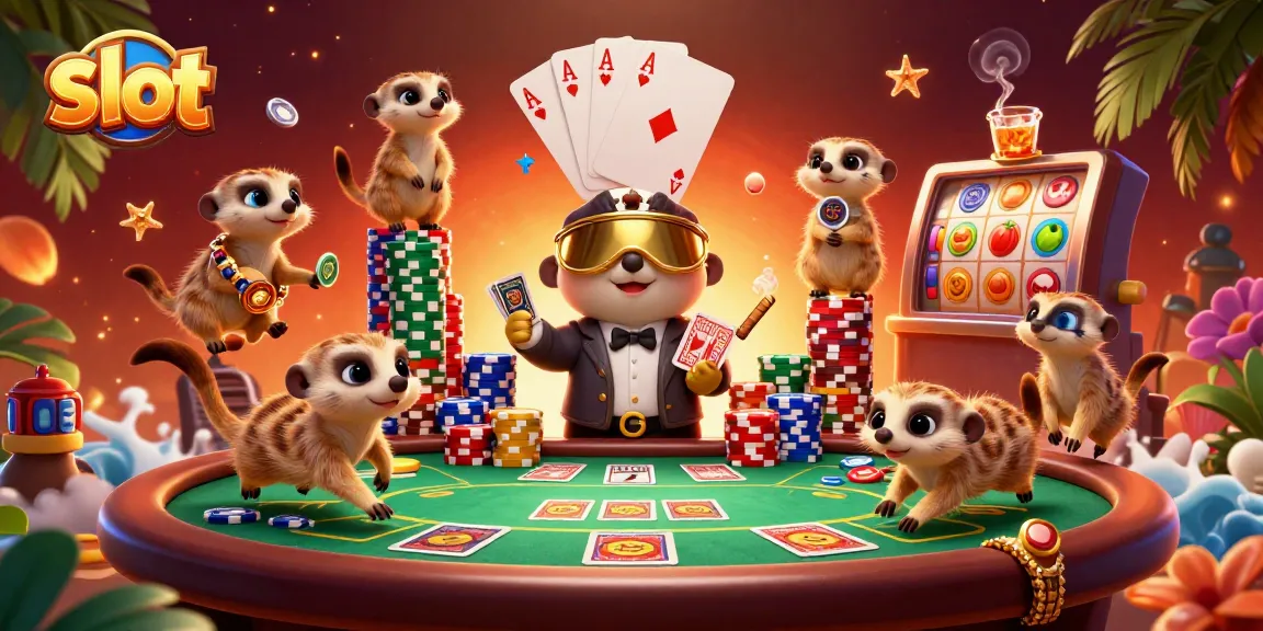 Engaging meerkats enjoy slot action in a vibrant casino setting filled with colorful game elements.