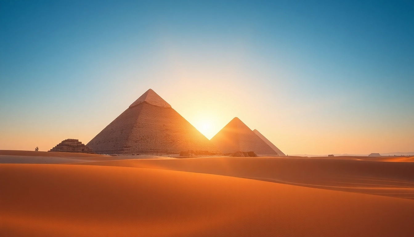 Captivating view of the piraminds of Giza highlighted by dramatic lighting and desert sands.