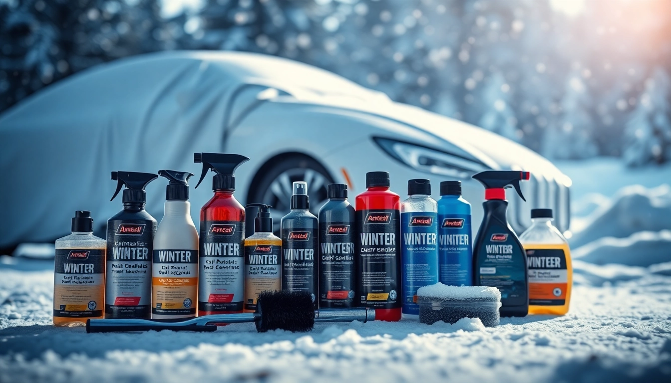 Winter car protection Chattanooga products arranged attractively in a snowy setting.