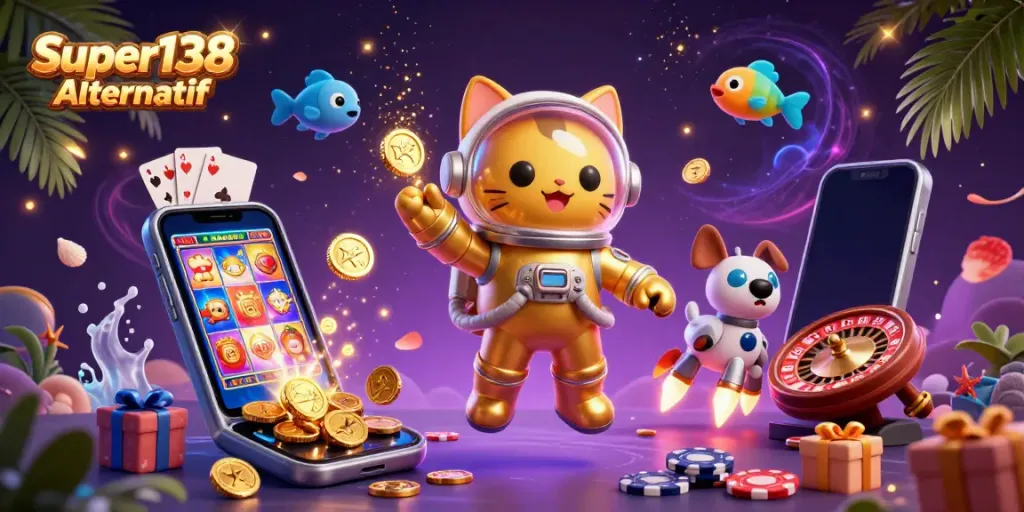 Join the fun with Super138 Alternatif featuring a space astronaut cat, robot dog, and casino games!