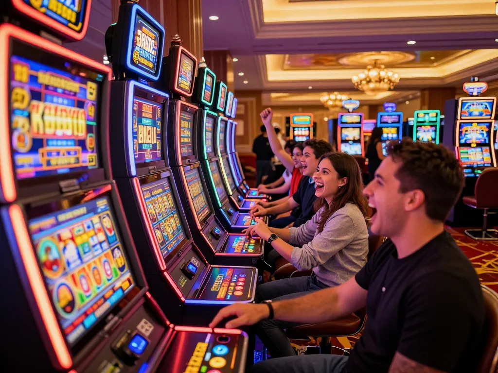 Engaged players experiencing thrilling slot gameplay at a vibrant casino floor.