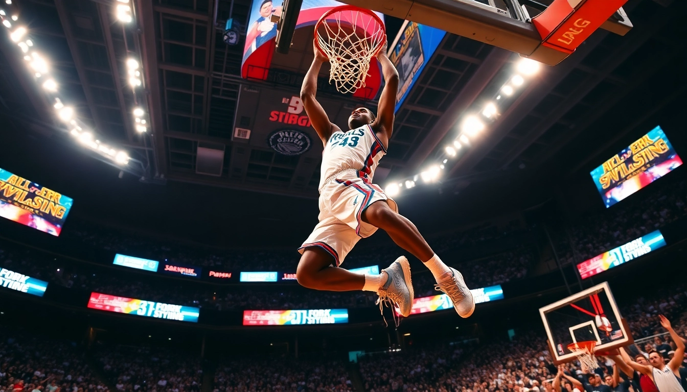 Dee Brown performing an iconic dunk in a vibrant basketball arena.